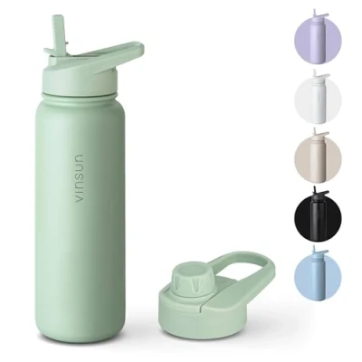 Imagen de Vinsun Cantimplora de acero inoxidable lila 750 ml Pajita antigoteo, apta para ácido carbónico, sin BPA Termo deporte, exterior, escuela, universidad, bicicleta, senderismo, gimnasio