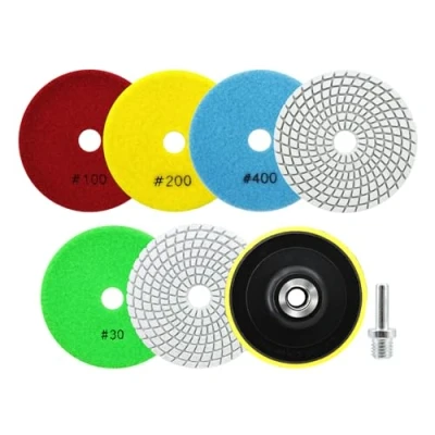 Imagen de SANLEETEK Almohadillas de Pulido Diamante 6piezas 100mm Disco Pulir Grano 30/50/100/200/400/800 con M14 Plato Apoyo+Adaptador para Granito Mármol Piedra Artificial Cuarzo