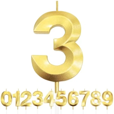 Imagen de Número 3 Vela de Cumpleaños con Purpurina Dorada y Diseño 3D, Velas Números, Decoración Tarta, Tarta para Fiesta Cumpleaños, Aniversario Boda,