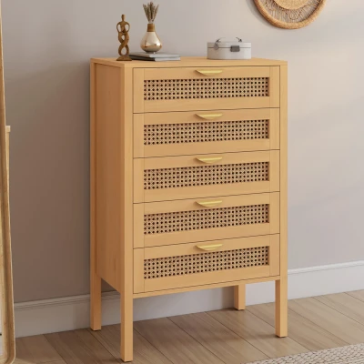 Imagen de Cómoda EDHEN de 5 cajones, 60 cm, mimbre color madera