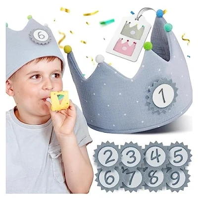 Imagen de NeLi corona de cumpleaños infantil muselina con números del 1 al 9 para niños y niñas, tela en tres colores (gris azul)