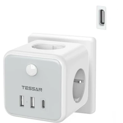 Imagen de TESSAN Enchufe 2 Puertos USB C, 6 en 1 Cubo Cargador Ladron Enchufes Triple con Tipo Multiple Pared Interruptor, C Compatible Phone, Pad, Hogar Oficina