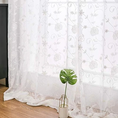 Imagen de MIULEE Cortinas Visillo Moderno Bordadas Transparentes para Salon Dormitorio Translucidas con Ojales Ventana Comedor Cocina Habitacion de 2 Unidades 140x225cm Flor Blanco