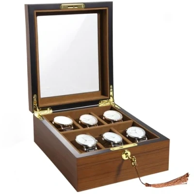 Imagen de Uten Caja de Reloje, Cajas para Relojes Hombre con 6 Compartimentos Grandes Almohada Extraíble, Cerradura Metal, Madera Almacenamiento Exhibición Joyería Reloj, Idea Regalo