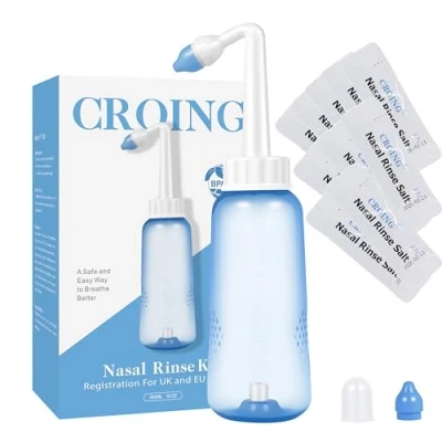 Imagen de CROING 𝗟𝗮𝘃𝗮𝗱𝗼 𝗡𝗮𝘀𝗮𝗹 120 paquetes de sal + Botella 300 ml Neti Pot lavado Nasal Yoga Nariz Limpiador Rhinitis alérgica Tratamiento