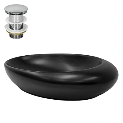 Imagen de ML Design Lavabo Ovalado 58,5 x 37,5 14,5 cm Negro de Cerámica Mate Fregadero para Pared o Sobre Encimera con Juego Desagüe Cromado Lavamanos Diseño Moderno Mueble Baño Pila Aseo WC