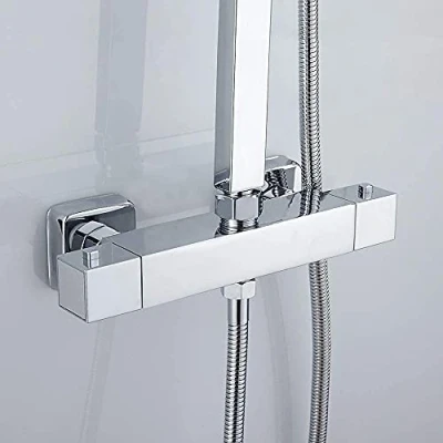 Imagen de termostato de ducha, termostato, grifo mezclador ducha con botón seguridad 38 C, G 3/4 superior y 1/2 inferior, caño conector latón