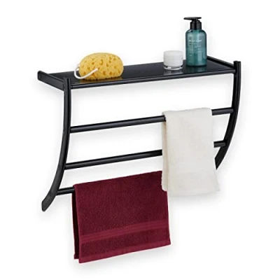 Imagen de Relaxdays Toallero para Pared, 44 x 56,5 23 cm, con Balda y 3 Barras, Colgador de Toallas el Baño, Negro, Acero