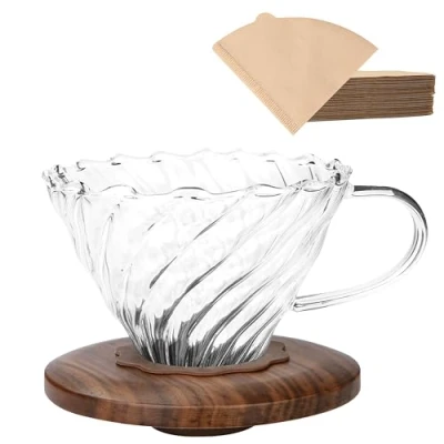 Imagen de Lalord Dripper de café con 100 piezas filtro papel tamaño #4, vidrio borosilicato y collar nogal, cafetera goteo, 1 3 tazas, transparente (gotero café)