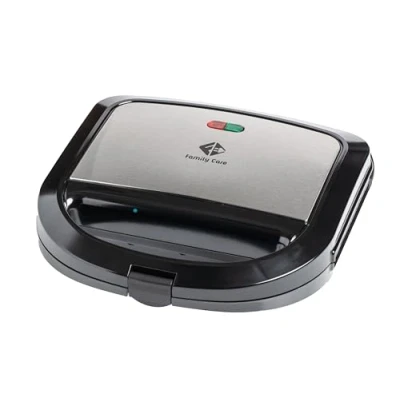 Imagen de Family Care Sandwichera Bikinera, 750W, Revestimiento Antiadherente, Libre de BPA, Placas con Forma Triangular, Indicador LED, Asa Tacto Frío, Color Acero y Negro