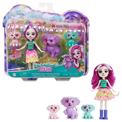 Imagen de Enchantimals City Tails Main Street Familia de dálmatas Muñecas Dessa Dalmatian y Sus Hermanas, con Mascotas Perro Accesorios, Juguete +4 años (Mattel HKN14)