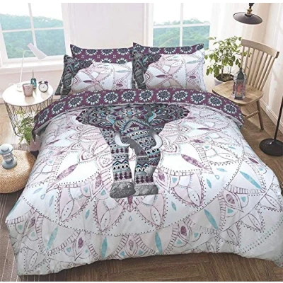 Imagen de Sleepdown Juego de Ropa Cama, con diseño Elefante y Mandalas, Funda edredón Fundas Almohada, Reversible, hipoalergénico, fácil Cuidado, Suave, Color Morado, tamaño Super King