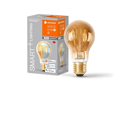 Imagen de LEDVANCE SMART+ WIFI LED Lampe, Gold Tönung, 6W, 470lm, klassische Glühlampenform mit E27 Sockel, regulierbares Weißlicht (2200 5000K), dimmbar, App oder Sprachsteuerung, 15.000 Stunden Lebensdauer