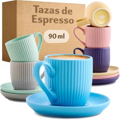 Imagen de Cosumy Tazas de Café Espresso con Platos 6 90ml Asa para Diseño único a rayas Cerámica Mate Aptas lavavajillas Pastel