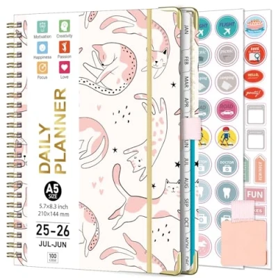 Imagen de Gumiho Agenda semanal 2025 2026 Espiral A5 Planner (julio de junio 2026) escolar con hebilla bolígrafo y pegatinas plan (gato rosa)