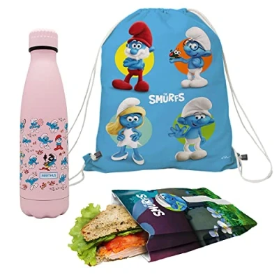 Imagen de NERTHUS FIH 1083 Set Mochila + Bolsa Sandwich Botella Doble Pared 500 ml Pitufos