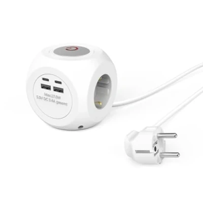 Imagen de HAMA Regleta de Enchufes Múltiples en Forma Cubo (Cable 1.4 m, 3 Tomas a Tierra, 2 USB A, C, 3680 W, 16 Ideal para Oficina, Cocina, salón, Taller) Color Blanco