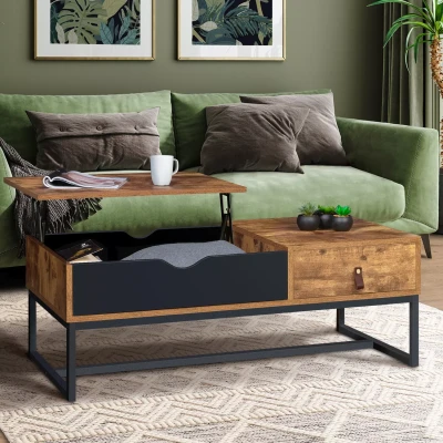 Imagen de IDMarket Mesa baja con bandeja elevable rectangular Chicago 1 cajón, diseño industrial