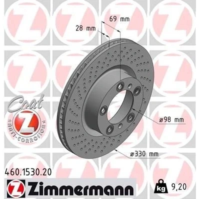 Imagen de ZIMMERMANN COAT Z 460.1530.20 Disco de freno 330 28 7/5 5 130 ventilación interna, avellanado revestido PORSCHE: Cayman, 911 Targa, Boxster