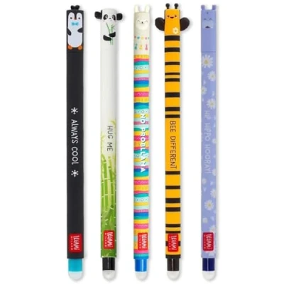 Imagen de LEGAMI Juego de 5 bolígrafos gel borrables con tinta borrado termosensible, y diseños barril, punta 0,7 mm, pingüino, panda, llama, abeja e hipopótamo
