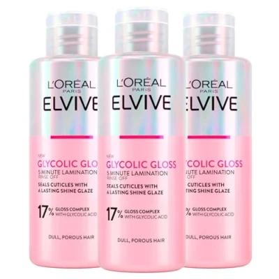 Imagen de L&#039;Oréal Paris Elvive Glycolic Gloss 5 minutos de tratamiento laminación con ácido glicólico para cabello opaco y poroso, brillo intenso duradero 3 botellas 200 ml