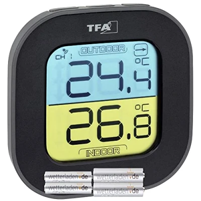 Imagen de TFA Dostmann Fun Termómetro con sensor exterior inalámbrico, interior/exterior, digital, flechas de tendencia, negro, 95 x 45 165 mm, color negro pilas