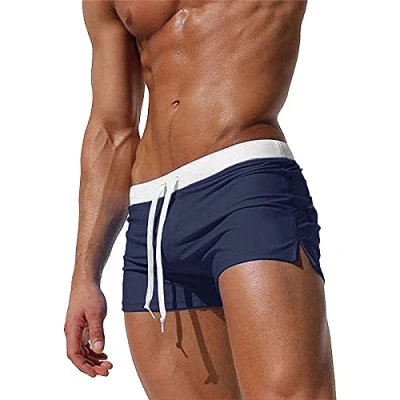 Imagen de TMEOG Bañador Hombre Corto, Pantalon Corto Deporte Traje de Baño Shorts Deportivos Natacion Surf Playa Calções Banho Homem con Bolsillo Cremallera(Azul Marino,L)