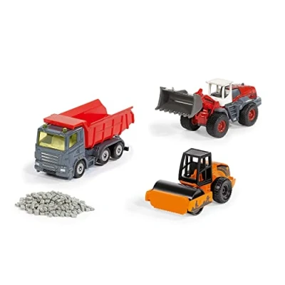Imagen de siku 6329, Set de regalo para la construcción carreteras, Camión volquete, Cargador ruedas Liebherr, Apisonadora, Piezas móviles, Incluido el granulado