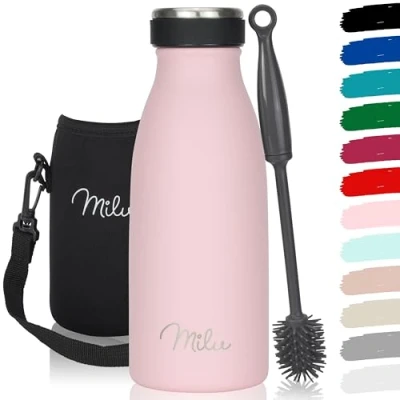 Imagen de Milu Botella de acero inoxidable, 350, 500, 750 ml, 1 l, 1,5 termo a prueba fugas, doble pared, apto para bebidas con gas, niños y adultos, incluye cepillo limpieza, rosa, 350 ml