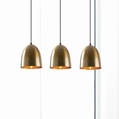 Imagen de Luminaria de techo con 3 campanas martilladas en fila Tropaeum H125 cm Metal dorado antiguo Menzzo