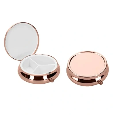 Imagen de kwmobile Pastillero metálico 3en1 Set de 2x estuche duro acero inoxidable con 3 compartimentos para medicinas oro rosa