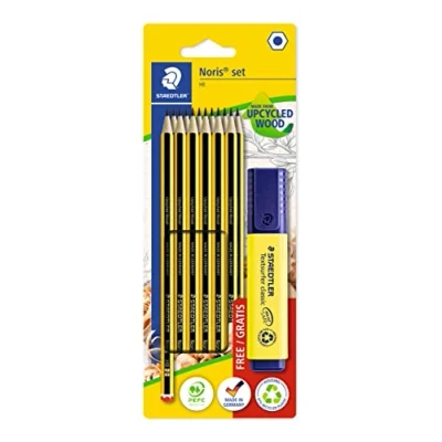 Imagen de STAEDTLER Noris 120 BK12P1, Lápices de Madera Certificada, Paquete con 12 Lapiceros Hb y un Subrayador Amarillo 364 1, Multicolor