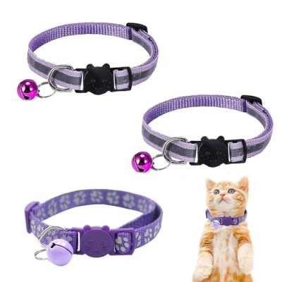 Imagen de collar de campana gato morado, ajustable, para con campana, mascota reflectante la noche, hebilla