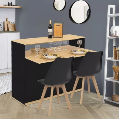 Imagen de IDMarket VITO Mueble de bar extensible en mesa comedor para 2 personas, color negro y bandeja madera
