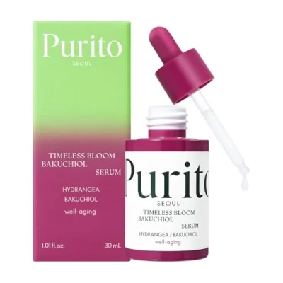 Imagen de PURITO Sérum de Bakuchiol Bloom sin tiempo, Hydrangea Jeju Coreano, para pieles sensibles, ampollas, reducción línea fina, suero facial antienvejecimiento cara, K Beauty, 30 ml