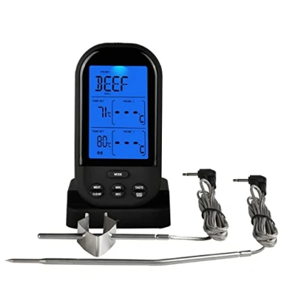 Imagen de Jayron termómetro digital inalámbrico para carne, temporizador de cocina con sondas duales, ahumador carne res, horno, parrilla, barbacoa (color negro)