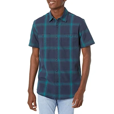 Imagen de Amazon Essentials Camisa de Manga Corta Corte Regular en Chambray Hombre, Azul Marino Rayas Degradado, XXL