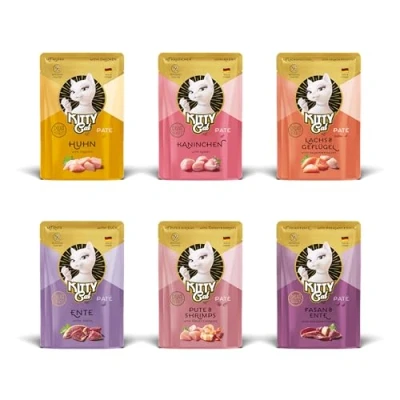 Imagen de KITTY Cat Paté Mix 3, 6 x 85 g, Comida húmeda para Gatos en Paquete de Muestra, sin Cereales con taurina, Aceite salmón y mejillón Labios Verdes, pienso Completo Alto