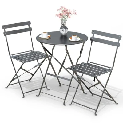 Imagen de VOUNOT Conjunto de Muebles Jardín Plegable 3 Piezas, Set Bistro con Marco Acero Resistente y Respaldo, Juego 1 Mesa Redonda 2 Sillas Terraza, para Balcón, Jardín, Patio, Exterior, Gris