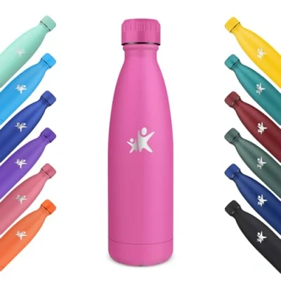Imagen de KollyKolla Botella Termica, 500ml, Acero Inoxidable, Cantimplora Termica Reutilizable, Termo sin BPA, con Pared Doble Aislamiento, para Niños, Adultos, Deporte, Oficina Rosa Roja
