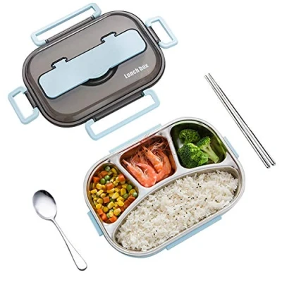 Imagen de amropi Acero Inoxidable Fiambrera Contenedores de Alimentos Apta para lavavajillas Bento Comida Caja Almuerzo con Cuchara(Azul,4 Compartimentos)