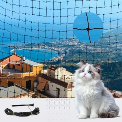 Imagen de red para gatos balcón, 3 x 4 m, gatos, sin agujeros, de alambre reforzado, protección balcón con cuerda