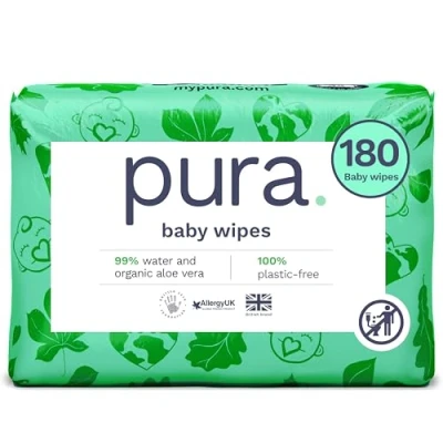 Imagen de Pura Toallitas Bebé, 60 (1 Paquete), 100% Húmedas Libres de Plástico, 99% Agua, Piel Sensible, Biodegradables, Algodón Orgánico y Aloe Vera, Vegano