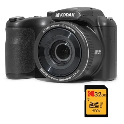 Imagen de KODAK Pixpro Astro Zoom AZ255 + Tarjeta de Memoria SD 32 GB Cámara Puente Digital 16 MP, 25X, Video HD 1080p, Gran Angular 24 mm, Pantalla LCD 3, Pila AA Negro