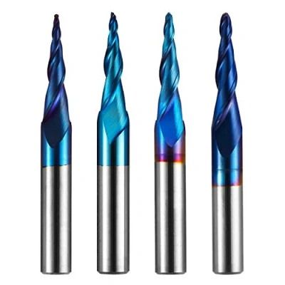 Imagen de Genmitsu 4 piezas de 2 canales CNC nariz bola cónica en espiral, revestimiento nano azul, grabado 2D y 3D, brocas carpintería, R0.25 1.0, vástago 1/4 pulgada, TB04B