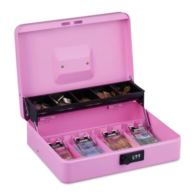 Imagen de Relaxdays Caja Dinero, Combinación 3 Números, Bandeja para Monedas y 4 Espacios Billetes, Cajita Efectivo, Rosa, Hierro, 8,5 x 30,5 24,5 cm