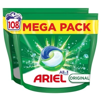 Imagen de ARIEL PODS Todo en 1 Detergente Lavadora Liquido Capsulas/Pastillas, 108 Lavados, Original, Jabon 5 Acciones para una Limpieza Brillante Frio