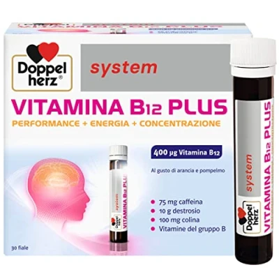 Imagen de Doppelherz system VITAMIN B12 PLUS Complemento Alimenticio con Dextrosa, Vitaminas del Grupo B, Cafeína y Colina, Sabor a Naranja Pomelo, Sin Gluten ni Lactosa, 30 Viales