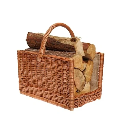 Imagen de BOGATECO Cesta de mimbre con mango cuadrado para chimenea 45 x 30 Tejido a mano madera forrada yute leña