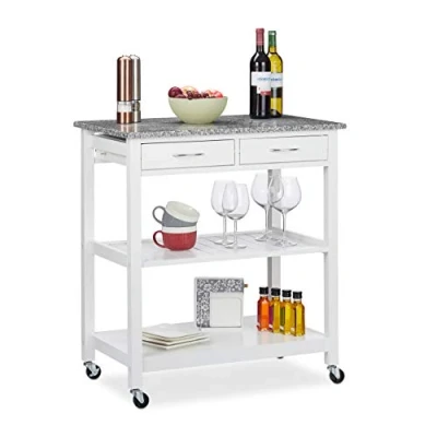 Imagen de Relaxdays Carrito Cocina de Estilo Rústico con Encimera, 2 Repisas y Cajones, DM Granito, Blanco, 87 x 78 48,5 cm, Tablero Fibras, 5 cm